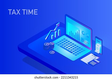 Tax filing concept, filling tax form documents online isometric for tax online, return and payment season vector illustration 
