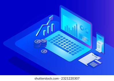 Tax filing concept, filling tax form documents online isometric for tax online, return and payment season vector illustration 
