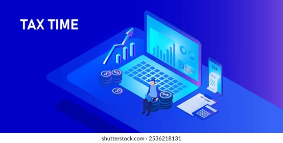 Conceito de arquivamento de imposto, preenchimento de documentos de formulário de imposto on-line isométricos para imposto on-line, devolução e ilustração de vetor de temporada de pagamento 
