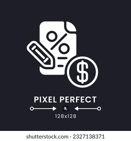 Tax filing white solid desktop icon. Accounting software. Due date. Business income. Pixel perfect 128x128, outline 4px. Silhouette symbol for dark mode. Glyph pictogram. Vector isolated image
