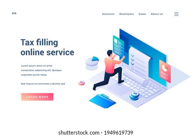 Tax filling online service. Isometric landing page template. Tiny male cartoon character standing on huge modern laptop and filling tax form online using web application. Vector illustration