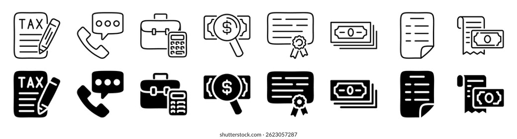 Tax, finance, and communication icon set. Linear and silhouette style.