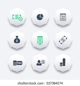tax, finance, money, pay, octagon icons, vector illustration