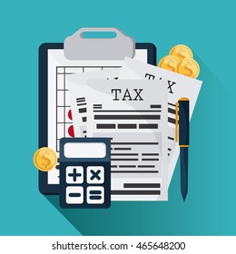 Tax and Financial item concept represented by document and calculator icon. Colorfull and flat illustration