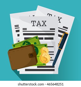 Tax and Financial item concept represented by document and wallet icon. Colorfull and flat illustration