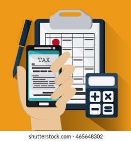 Tax and Financial item concept represented by document and smartphone icon. Colorfull and flat illustration