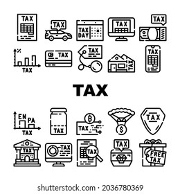 Tax Financial Payment For Income Icons Set Vector. Cryptocurrency And Real Estate House Tax, Gift And Every Dollar, Infographic And Online Pay, Jewelry And Car Contour Illustrations