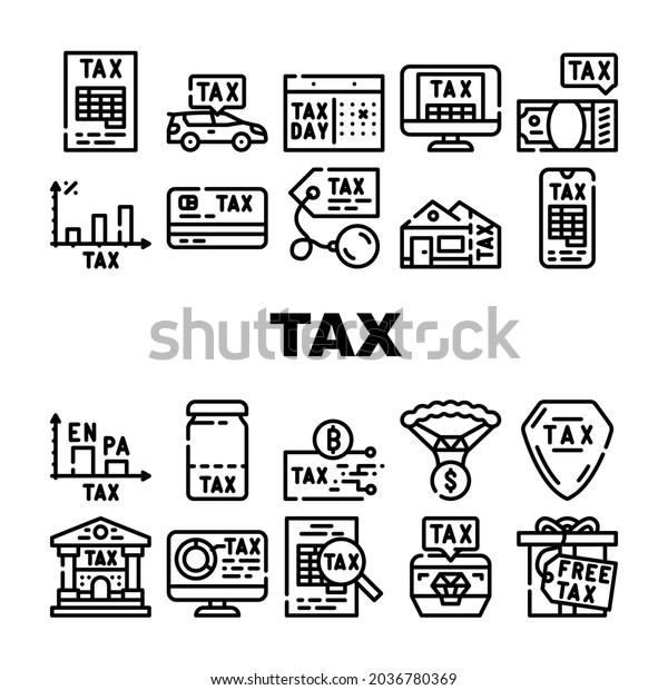Tax\
Financial Payment For Income Icons Set Vector. Cryptocurrency And\
Real Estate House Tax, Gift And Every Dollar, Infographic And\
Online Pay, Jewelry And Car Contour\
Illustrations