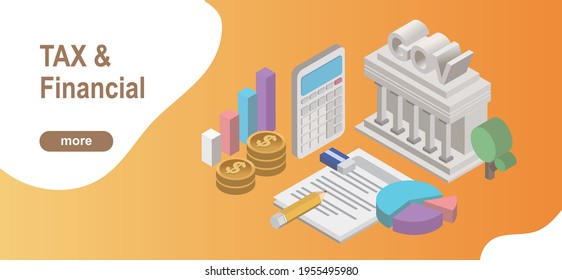 Tax and financial template. 3D Government building, calculator, Money, pen, eraser and Document for Tax Calculation.

