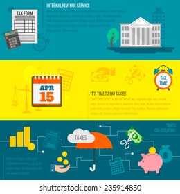 Tax Flat Banner Set With Internal Revenue Service Time Calculation Isolated Vector Illustration.