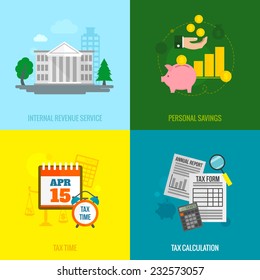 Tax flat icons set with internal revenue service personal savings time calculation isolated vector illustration