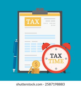 Tax form, alarm clock and golden coins. Tax time. Money and time management, modern business concept for web banners, infographics. flat design vector illustration