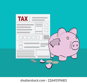 Tax form and broken piggy bank illustration