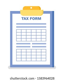 Tax form clipboard vector, paper with empty space for filling and writing information, isolated page with table and required info, flat style banking