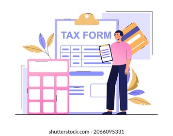 Tax form concept. Male entrepreneur pays part of profit to state. Taxation of income. Young Rich character abides by laws. Financial management. Payment of bills. Cartoon flat vector illustration