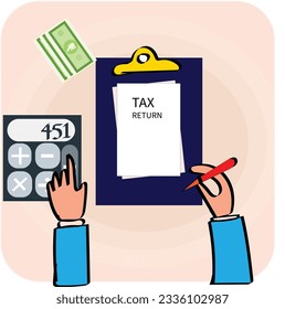 Tax form concept vector illustration. Taxes calculation. financial management. achieving success. completed labor, noted obligation, executed task. responsible man ticking list with pencil.