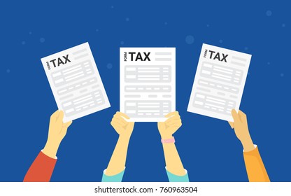 TAX form concept vector illustration of people showing fullfilled papers. Flat human hands hold white letters and annual fullfilled indiviual inmome tax forms on blue background