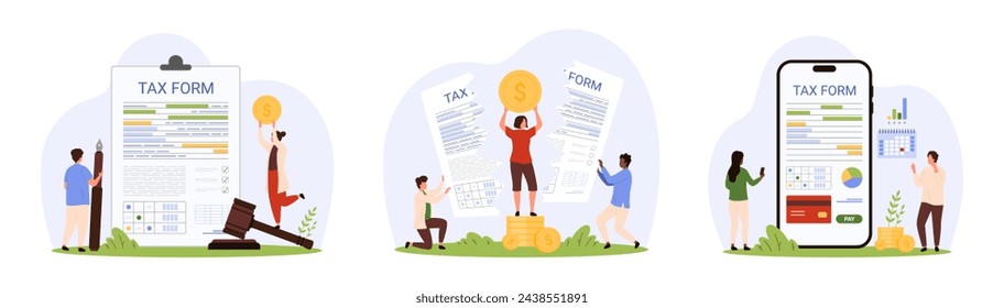 Tax form filing, deduction of taxation, accounting service set. Tiny people research financial chart reports in mobile app, cut invoice document to reduce payments cartoon vector illustration