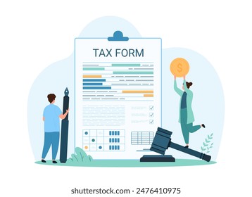 Tax form filling, research and payment, business accounting. Tiny people with pen and money check cost of monthly deductions in statement, submission of financial document cartoon vector illustration