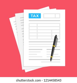 Tax form. Financial document and pen. Filling tax form. Flat design. Top view. Vector illustration