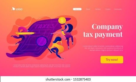 Tax form, income tax return, company tax payment concept. Website homepage interface UI template. Landing web page with infographic concept hero header image.