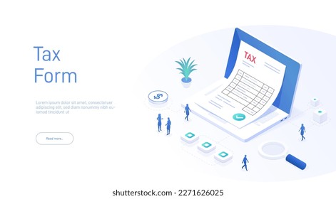 Tax form landing page template. Paper tax document on laptop background Can be used for web banners, infographics. Isometric modern vector illustration.