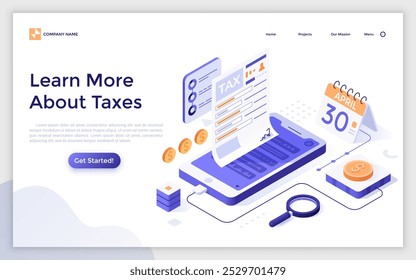 Tax form on smartphone with calendar and coins. Purpose of team analysis landing page isometric template. Commercial facility finances regulation report creative 3d vector illustration for web page