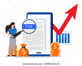 Tax form online concept. Document, tax form, audit, financial accounting, planning, due date, salary calculation, budget. Business woman using magnifying glass to search tax document. 