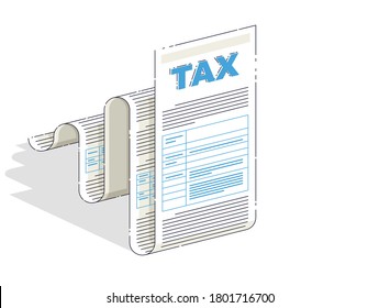 Formulario de impuestos o documento de ley de papel aislado en fondo blanco. Isometric vector business and finance ilustración, 3d thin line design.