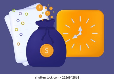 Formulario de impuestos, tiempo de pago. Reloj con una bolsa y monedas de oro. Pagando crédito instantáneamente. Presentación de documentos, informe anual, que cubren el presupuesto. Préstamo o depósito bancario. Ilustración vectorial. Pancarta 3d.