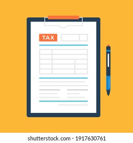 Tax form and pen. Clipboard and tax document. Flat design. Vector illustration