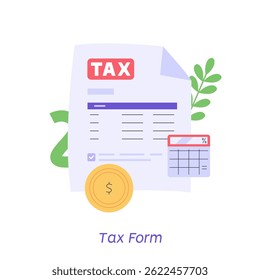 Formulário de Imposto. As pessoas pagam impostos com uma calculadora. Serviço de administração financeira. Conjunto de gestão financeira, dívida, deveres, auditoria e contabilidade. Ilustração vetorial para interface do usuário, faixa