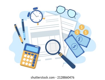 Tax Form of State Government Taxation with Forms, Calendar, Audit, Calculator or Analysis to Accounting and Payment in Flat Background Illustration