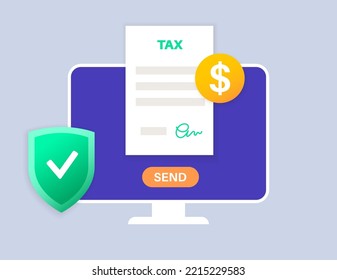 Tax form template. Payment mockup with notary confirmation on computer online. Income, bill and taxation. Document with text, stamp and signature. Electronic technology in business vector illustration