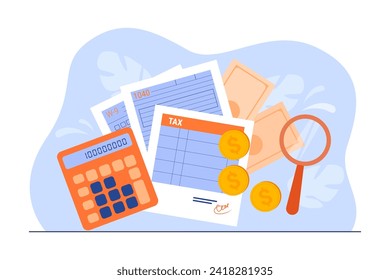 Tax forms and calculator vector illustration. Tax calculation and filling tax form. Coins with dollar symbol and magnifying glass on background. Taxes, finance, payments concept