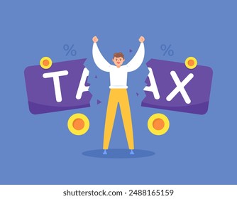 tax free concept. free from tax bills. happy because you don't have to pay taxes. illustration of a businessman destroying a tax board. flat style design. graphic elements