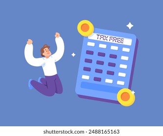 tax free concept. free from tax bills. happy because you don't have to pay taxes. illustration of a businessman or entrepreneur with a calculator. Finance Manager. flat style design. graphic elements