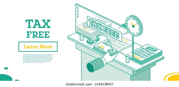 Tax Free Desk. Hand Gives Documents to Get Own Money. Tax Return Outline Concept. Isometric Vat Refund at the Airport. Vector Illustration.