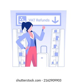 Tax free service isolated concept vector illustration. Smiling woman in airport duty-free zone, refunding VAT services, tax free business, discount goods, money refund vector concept.