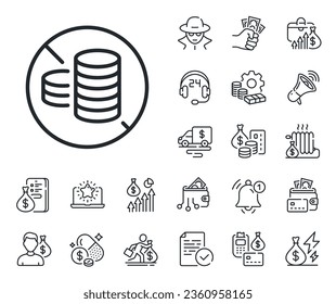 Tax free sign. Cash money, loan and mortgage outline icons. No cash line icon. Coins money symbol. No cash line sign. Credit card, crypto wallet icon. Inflation, job salary. Vector