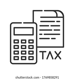 Tax government calculation vector black line icon. Report and financial statements. Bookkeeping and accounting. Button for web or mobile app. UI UX user interface. Editable stroke