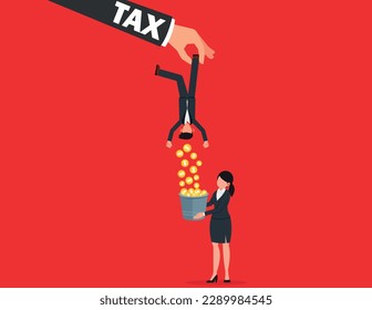 Tax hike, government increase tax or steal money from people, debt or loan interest to pay off. greed businessman hold small people shaking to get all their money