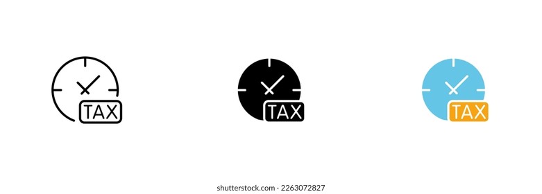 Tax icon with clock. Payment of rent on time, late payments. Vector set of icons in line, black and colorful styles isolated on white background.