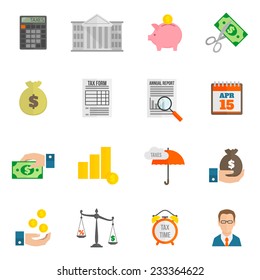 Tax icon flat set with bank building cut fees isolated vector illustration