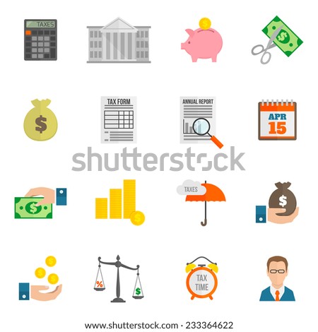 Tax icon flat set with bank building cut fees isolated vector illustration