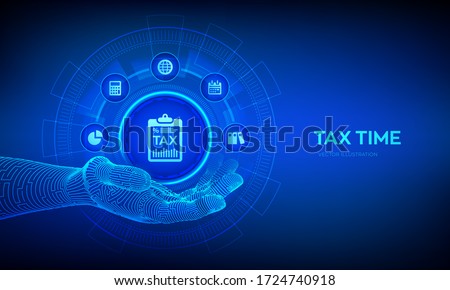 Tax icon in robotic hand. Concept tax payment. Data analysis, financial research report and calculation of tax return. Payment of debt. Government, state taxes. Vector illustration.