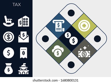 conjunto de iconos de impuestos. 13 iconos de impuestos rellenos. Monedas incluidas, Bolsa de Dinero, Gobierno, Moneda, Factura, Jubilación, Oficina de Impuestos, Fondos, Iconos de Factura
