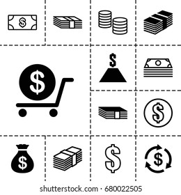 Tax icon. set of 13 filled and outline tax icons such as money, money sack, dollar