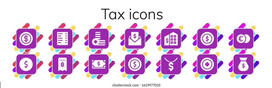 tax icon set. 14 filled tax icons.  Simple modern icons such as: Coin, Receipt, Invoice, Coins, Dollar, Tax office, Euro, Money bag