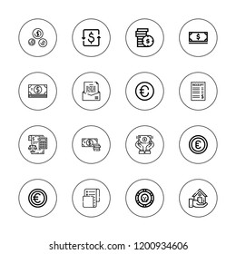 Tax icon set. collection of 16 outline tax icons with bill, cash, coin, coins, dollar, euro, invoice, real estate, receipt icons.